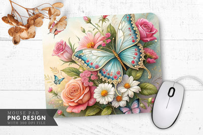 Butterfly And Floral Decoupage Art Mouse Pad Design Sublimation Regulrcrative 