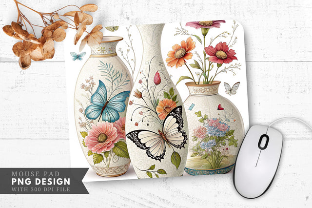 Butterfly And Floral Elegance Decorative Vases Mouse Pad Design Sublimation Regulrcrative 