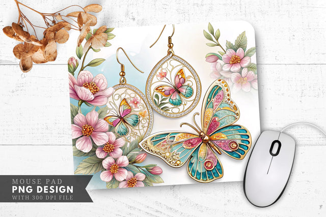 Butterfly And Floral Elegance Earrings Mouse Pad Design Sublimation Regulrcrative 