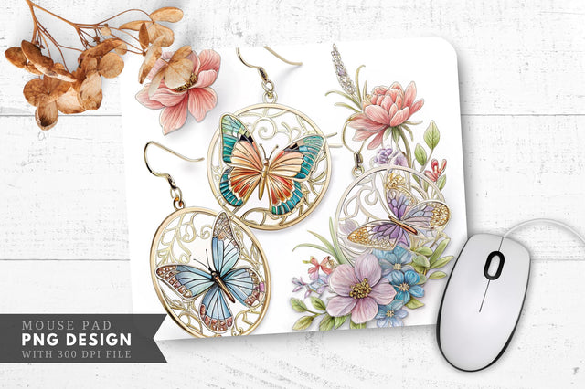 Butterfly And Floral Elegance Earrings Mouse Pad Design Sublimation Regulrcrative 