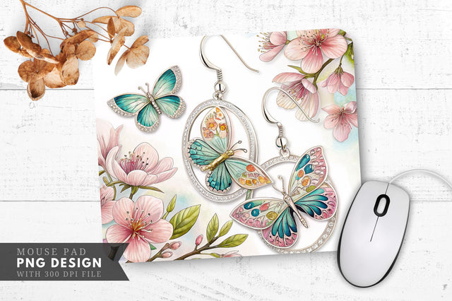 Butterfly And Floral Elegance Earrings Mouse Pad Design Sublimation Regulrcrative 