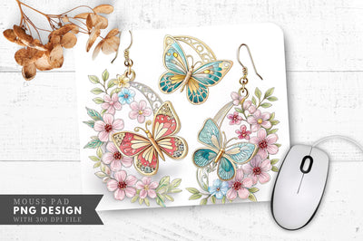 Butterfly And Floral Elegance Earrings Mouse Pad Design Sublimation Regulrcrative 
