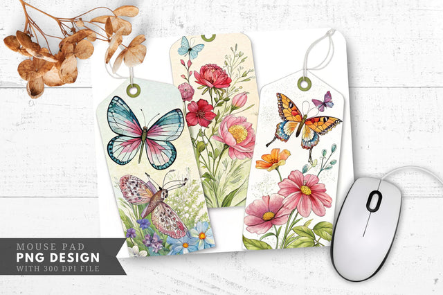 Butterfly And Floral Gift Tags Mouse Pad PNG Design Sublimation Regulrcrative 