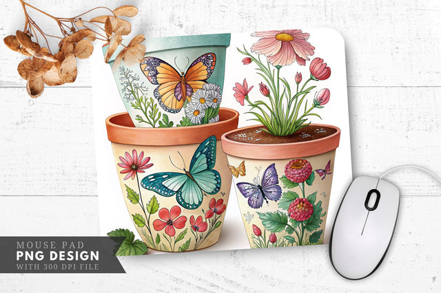 Butterfly And Floral Hand Painted Plant Pots Mouse Pad Design Sublimation Regulrcrative 