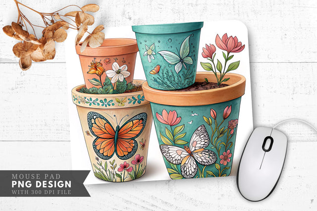 Butterfly And Floral Hand Painted Plant Pots Mouse Pad Design Sublimation Regulrcrative 