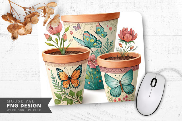 Butterfly And Floral Hand Painted Plant Pots Mouse Pad Design Sublimation Regulrcrative 