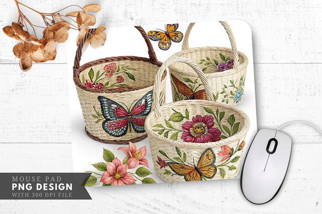 Butterfly And Floral Handwoven Baskets Mouse Pad Design Sublimation Regulrcrative 