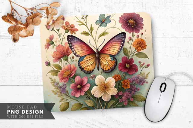 Butterfly and Floral Pressed Flower Art Mouse Pad Design Sublimation Regulrcrative 