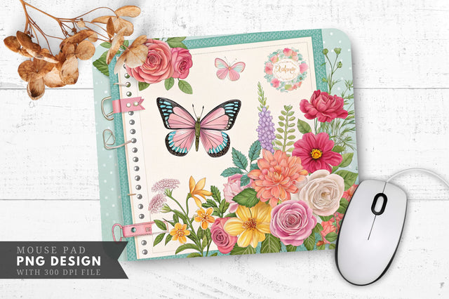 Butterfly And Floral Scrapbook Mouse Pad Design Sublimation Regulrcrative 