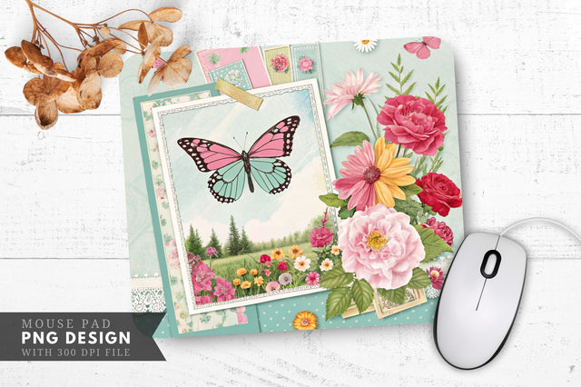 Butterfly And Floral Scrapbook Mouse Pad Design Sublimation Regulrcrative 