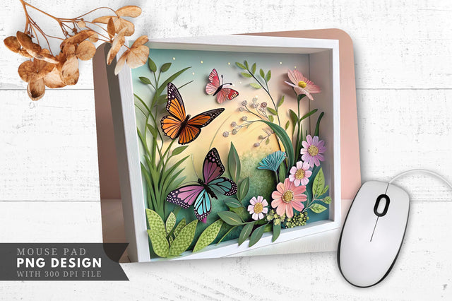 Butterfly And Floral Shadow Box Art Mouse Pad Design Sublimation Regulrcrative 
