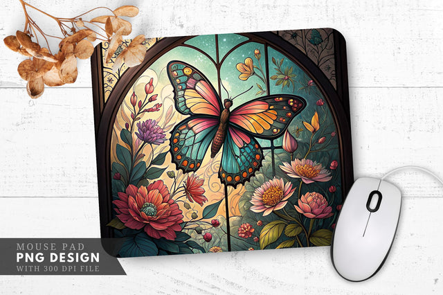 Butterfly And Floral Stained Glass Mouse Pad Design Sublimation Regulrcrative 