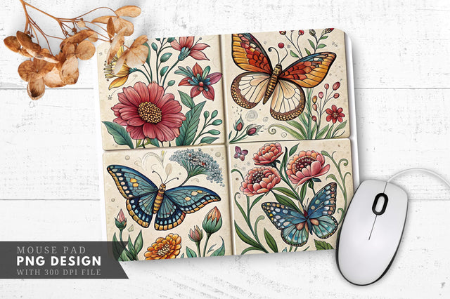 Butterfly And Floral Tile Design Mouse Pad Design Sublimation Regulrcrative 