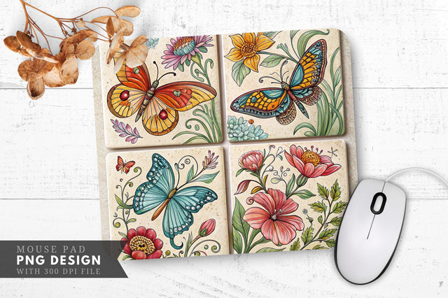 Butterfly And Floral Tile Design Mouse Pad Design Sublimation Regulrcrative 