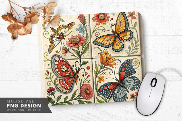 Butterfly And Floral Tile Design Mouse Pad Design Sublimation Regulrcrative 