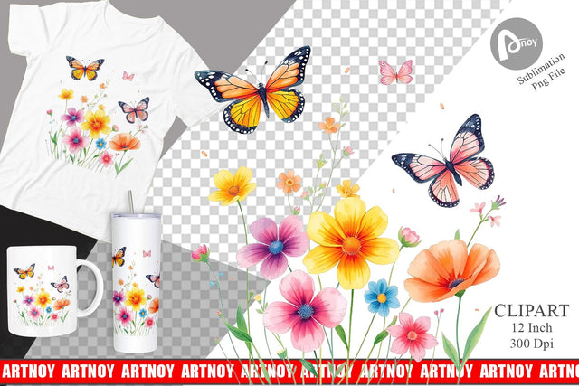 Butterfly and Flower Clipart Sublimation artnoy 