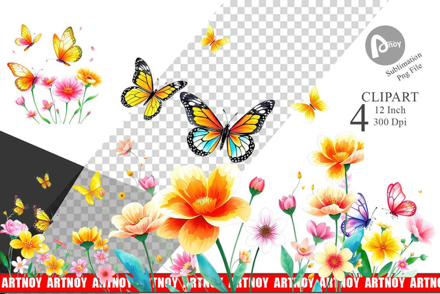 Butterfly and Flower Clipart Sublimation artnoy 