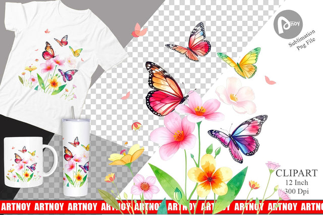 Butterfly and Flower Clipart Sublimation artnoy 
