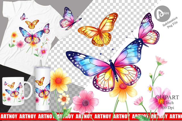 Butterfly and Flower Clipart Sublimation artnoy 