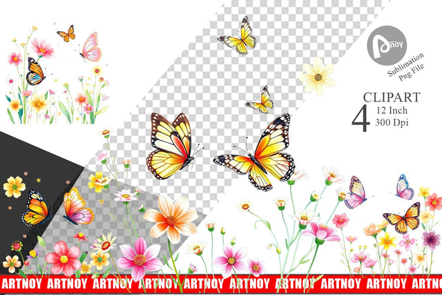 Butterfly and Flower Clipart Sublimation artnoy 