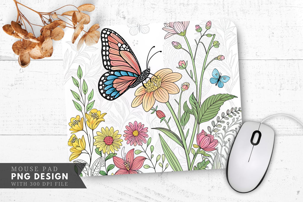 Butterfly And Flowers Coloring Page Mouse Pad Design - So Fontsy