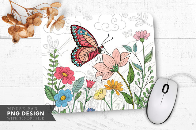 Butterfly And Flowers Coloring Page Mouse Pad Design Sublimation Regulrcrative 