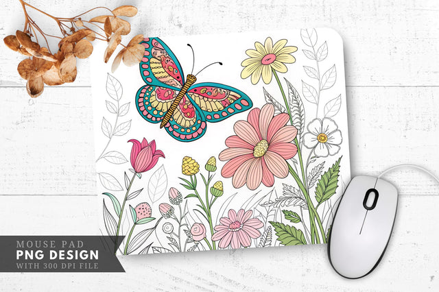 Butterfly And Flowers Coloring Page Mouse Pad Design Sublimation Regulrcrative 