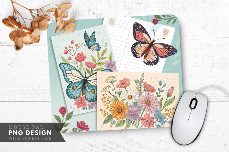 Butterfly Bliss Floral Postcard Set Mouse Pad PNG Sublimation Regulrcrative 