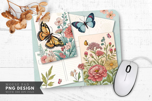 Butterfly Bliss Floral Postcard Set Mouse Pad PNG Sublimation Regulrcrative 