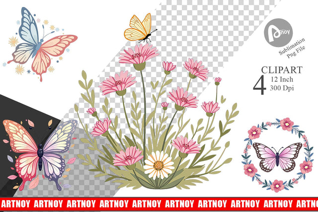 Butterfly Bloom Pastels Clipart Sublimation artnoy 
