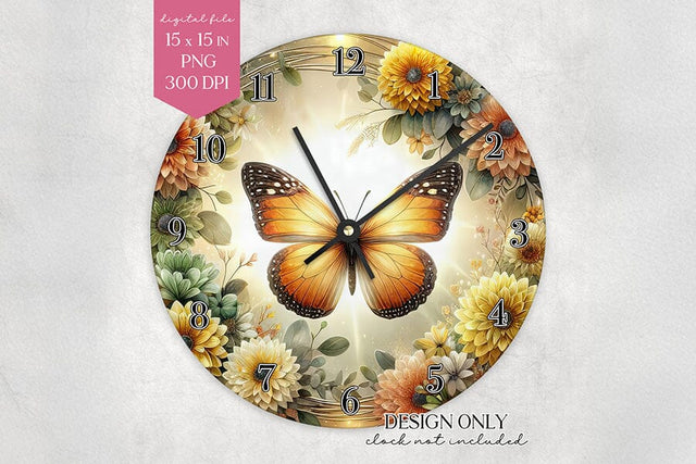 Butterfly Clock Face PNG – Glowing Floral Wall Clock Sublimation BijouBay 