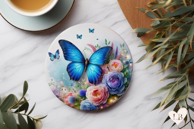 Butterfly Coaster - Blue Peony Round Coaster Sublimation Sublimation BijouBay 