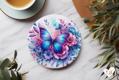 Butterfly Coaster - Blue & Pink Round Coaster Sublimation Sublimation BijouBay 