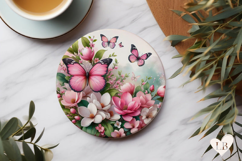 Butterfly Coaster - Cherry Blossom Round Coaster Sublimation Sublimation BijouBay 