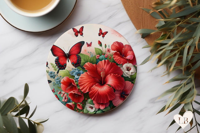 Butterfly Coaster - Hibiscus Round Coaster Sublimation Sublimation BijouBay 