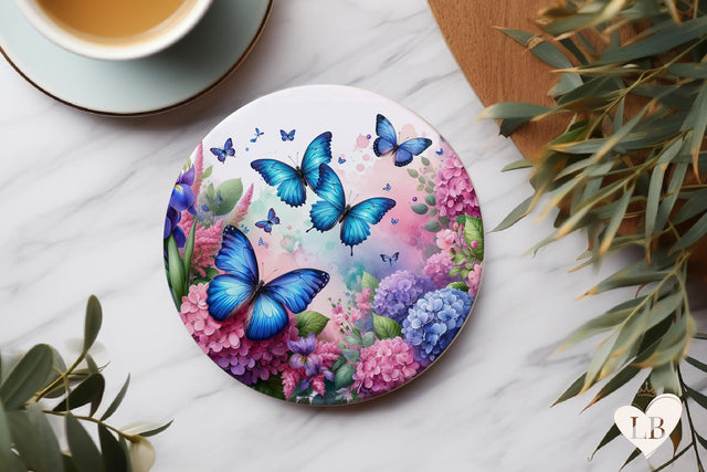 Butterfly Coaster - Hydrangeas Round Coaster Sublimation Sublimation BijouBay 