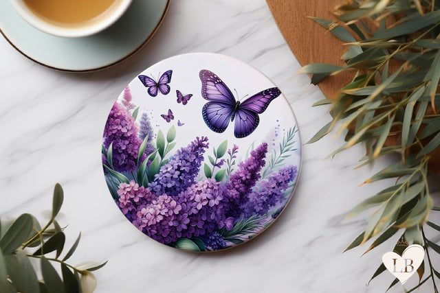 Butterfly Coaster - Lavender Round Coaster Sublimation Sublimation BijouBay 