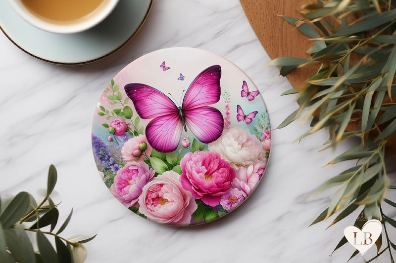 Butterfly Coaster - Pink Rose Round Coaster Sublimation Sublimation BijouBay 