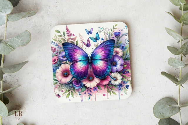 Butterfly Coaster Sublimation, Floral Square Coaster PNG Sublimation BijouBay 