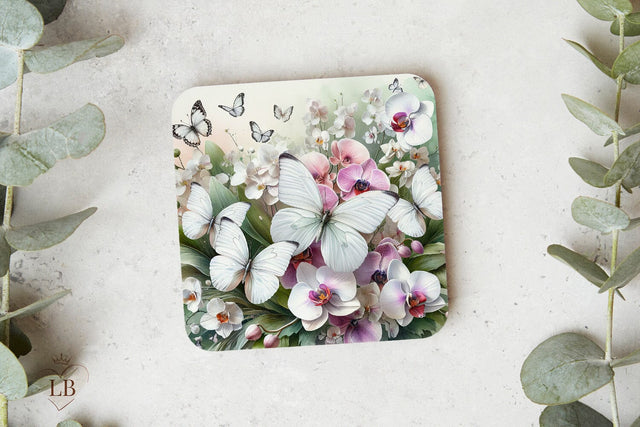 Butterfly Coaster Sublimation, Floral Square Coaster PNG Sublimation BijouBay 