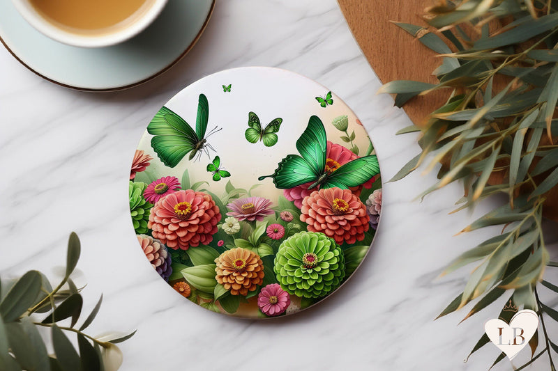 Butterfly Coaster - Zinnia Flower Round Coaster Sublimation Sublimation BijouBay 