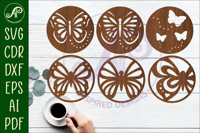 Butterfly Coasters, laser cut out garden designs 1 SVG APInspireddesigns 