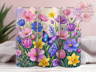 Butterfly Cosmos Tulip Glow 20oz Tumbler, Butterfly Motif, Cosmos Flower, Tulip Design, Glow Effect, Floral Charm, Skinny Tumbler, Sublimation PNG Sublimation Li Zamperini 