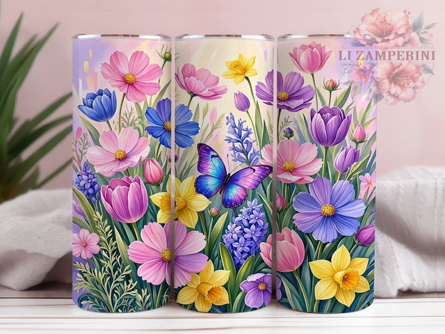 Butterfly Cosmos Tulip Glow 20oz Tumbler, Butterfly Motif, Cosmos Flower, Tulip Design, Glow Effect, Floral Charm, Skinny Tumbler, Sublimation PNG Sublimation Li Zamperini 