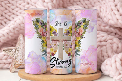 Butterfly Cross She is Strong Christian Bible Verse Religious 20oz Skinny Tumbler Wrap PNG Sublimation Design Download Sublimation DesignSVG 