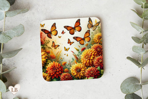 Butterfly & Dahlia Coaster, Floral Square Coaster Sublimation Sublimation BijouBay 
