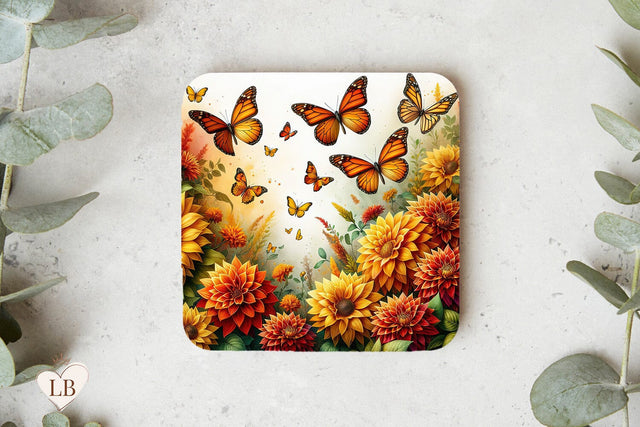 Butterfly & Dahlia Coaster, Floral Square Coaster Sublimation Sublimation BijouBay 