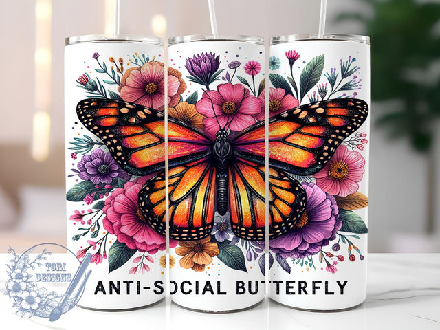 Butterfly Design, Anti-Social Butterfly, 20oz Tumbler, Sublimation Design, Introvert Gift, Cute Tumbler, Nature Lover, Colorful Drinkware Sublimation ToriDesigns 