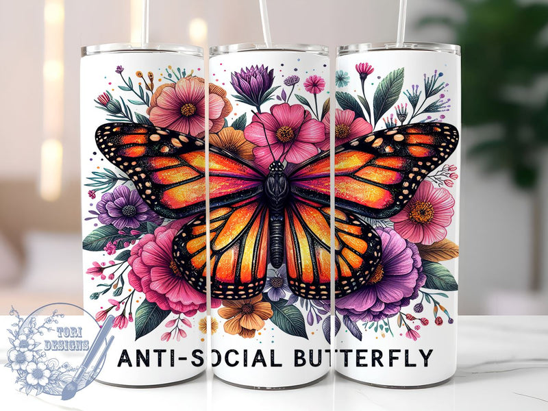 Butterfly Design, Anti-Social Butterfly, 20oz Tumbler, Sublimation Design, Introvert Gift, Cute Tumbler, Nature Lover, Colorful Drinkware Sublimation ToriDesigns 