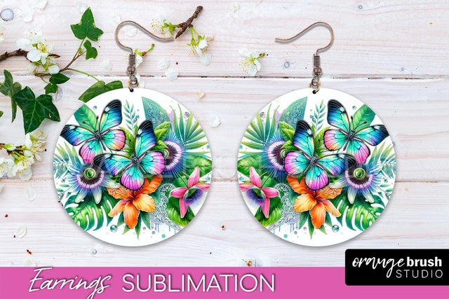 Butterfly Earrings Sublimation - Flower Round Earrings Sublimation OrangeBrushStudio 